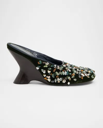 Dries Van Noten Gemstone Embellished Velvet Wedge Mules In Multi