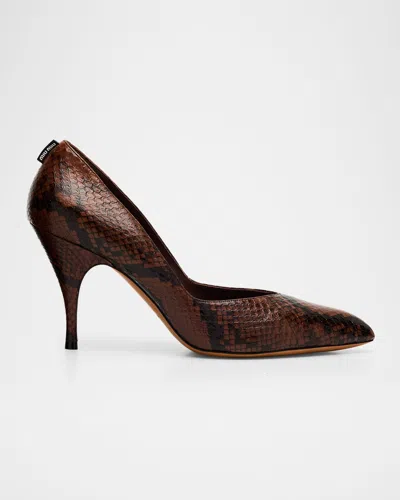 Miu Miu Snakeskin Pattern Pointed Toe Leather Pumps In Brown