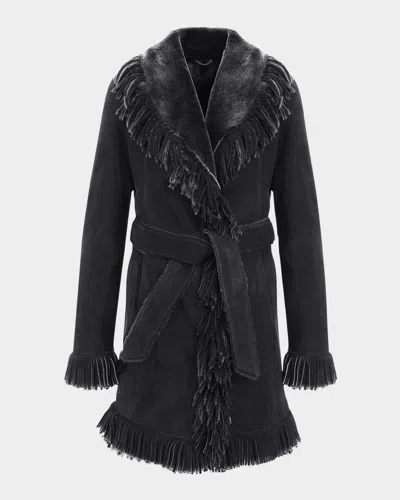 Gorski Merino Shearling Lamb Belted Stroller With Fringes In Black