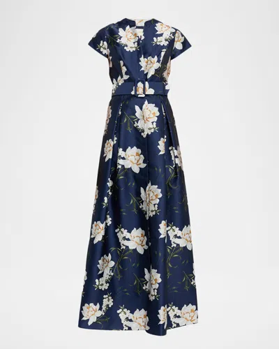 Sachin & Babi Marta Pleated Floral-print Mikado Gown In Animal Print