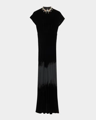 Saloni Fabienne Long Dress Onyx Brushstroke In Black