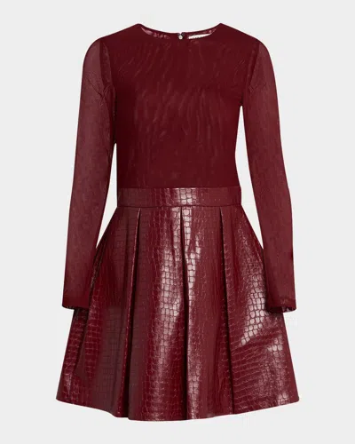 Alice And Olivia Chara Croc Embossed Pleated Dress In Oxblood In Burgundy