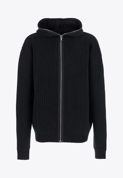 Rick Owens Black Hooded Sweatshirt With Front Zip Closure In Wool Man In Multi