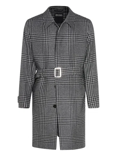 Zegna Houndstooth Pattern Coat Belted Waist In Multi