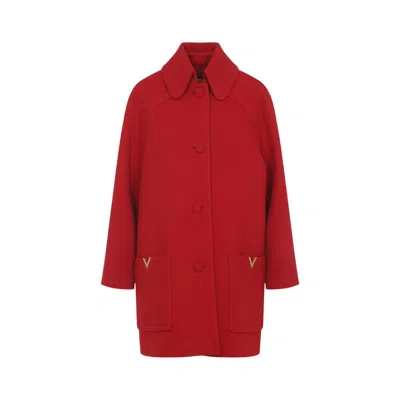 Valentino Wool Coat With Ribbed Collar And Cuffs In Red