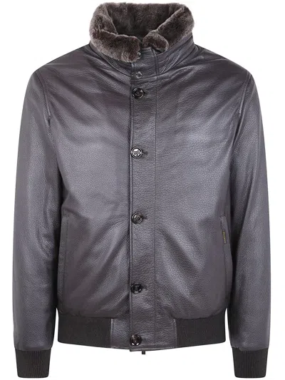 Moorer Textured Leather Jacket Fur Collar In Gray