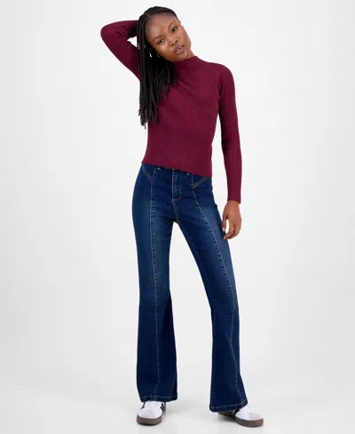 Hooked Up By Iot Juniors' Mock-neck Rib-knit Sweater In Burgundy