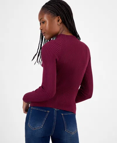Hooked Up By Iot Juniors' Mock-neck Rib-knit Sweater In Burgundy