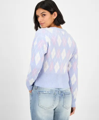 Hooked Up By Iot Juniors' Argyle Crewneck High-rib Cardigan In Multi