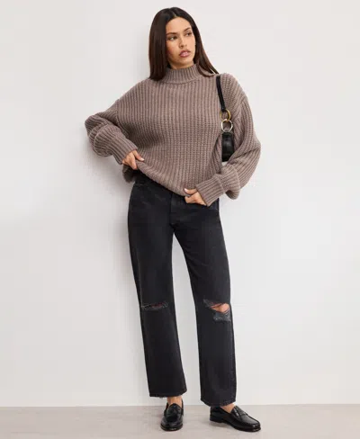 Good American Women's Chunky Knit Mock Neck Sweater In Brown