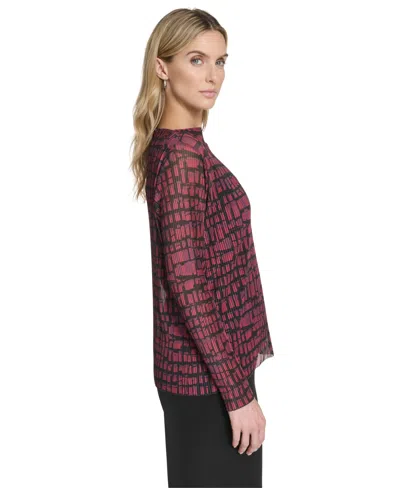Calvin Klein Petite Printed Long Sleeve Top In Burgundy