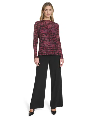 Calvin Klein Petite Printed Long Sleeve Top In Burgundy