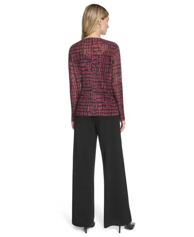 Calvin Klein Petite Printed Long Sleeve Top In Burgundy