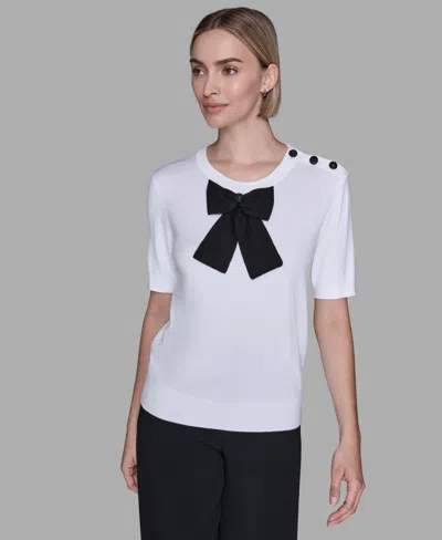Karl Lagerfeld Front Bow Short Sleeve Sweater In White