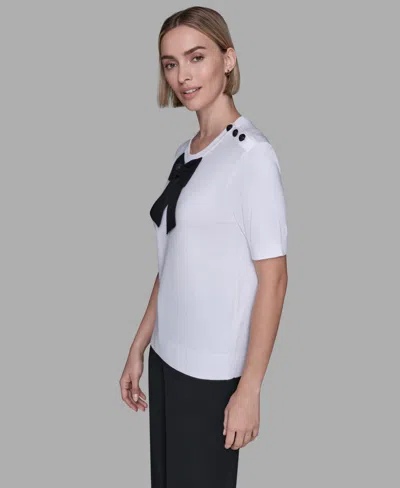 Karl Lagerfeld Front Bow Short Sleeve Sweater In White