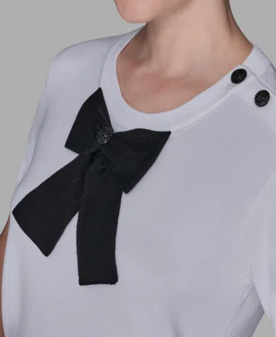 Karl Lagerfeld Front Bow Short Sleeve Sweater In White