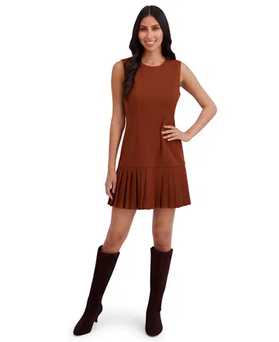 London Times Women's Sleeveless Pleated Crew Neck Short Dress In Brown