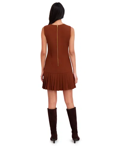 London Times Women's Sleeveless Pleated Crew Neck Short Dress In Brown