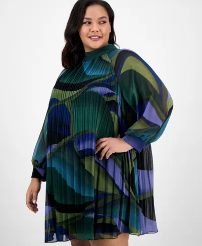 London Times Plus Size Printed Pleated Blouson-sleeve Shift Dress In Multi