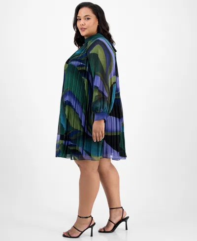London Times Plus Size Printed Pleated Blouson-sleeve Shift Dress In Multi