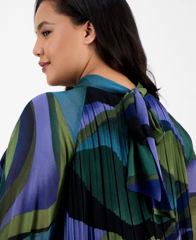 London Times Plus Size Printed Pleated Blouson-sleeve Shift Dress In Multi