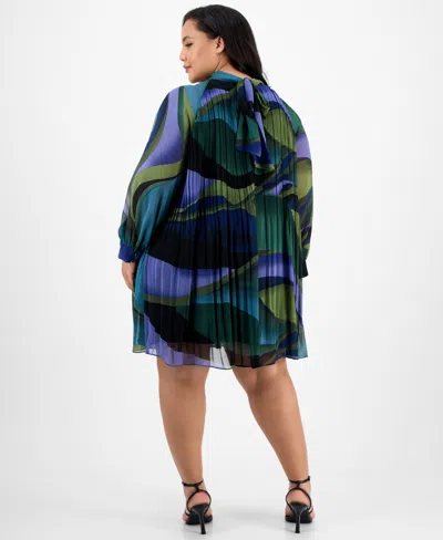 London Times Plus Size Printed Pleated Blouson-sleeve Shift Dress In Multi