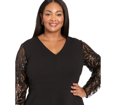 London Times Plus Size V-neck Sequin Sleeve Shift Dress In Black