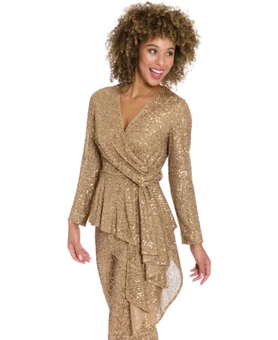 Muse Women's Long Sleeve Faux Twist Wrap Top In Gold