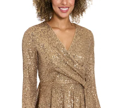 Muse Women's Long Sleeve Faux Twist Wrap Top In Gold