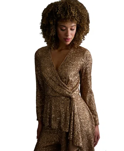 Muse Women's Long Sleeve Faux Twist Wrap Top In Gold