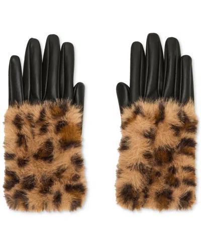 Steve Madden Printed Faux-fur-cuff Faux-leather Gloves In Animal Print