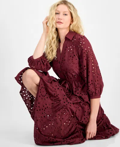 Julia Jordan Eyelet Maxi Shirtdress In Burgundy