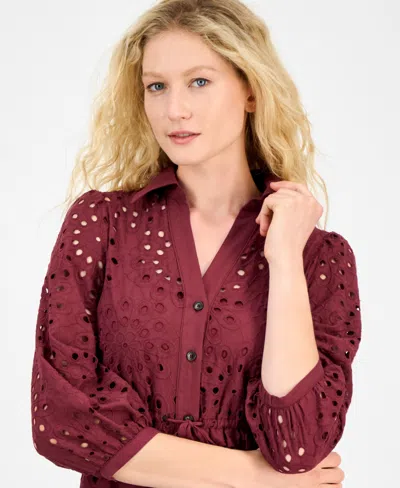 Julia Jordan Eyelet Maxi Shirtdress In Burgundy