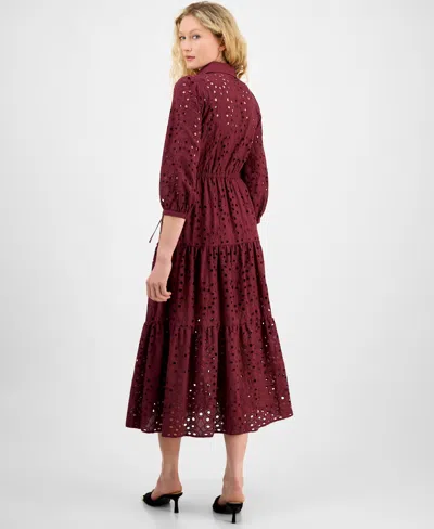 Julia Jordan Eyelet Maxi Shirtdress In Burgundy