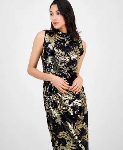 Anne Klein Women's Mock-neck Sleeveless Sequined Midi Dress In Black