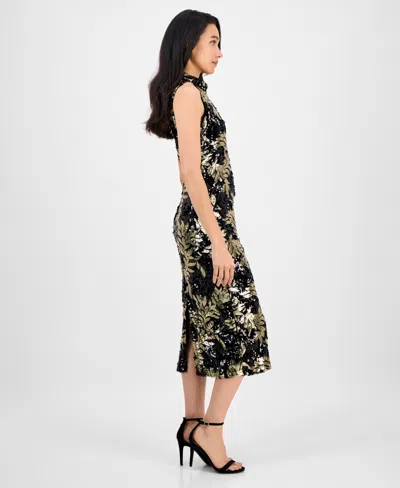 Anne Klein Women's Mock-neck Sleeveless Sequined Midi Dress In Black