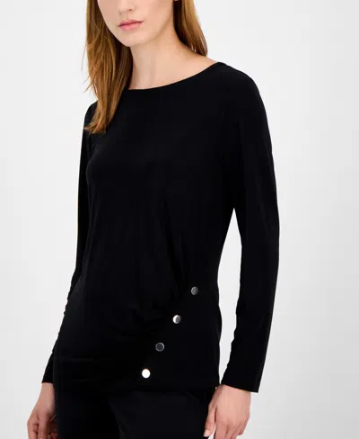 Ak Anne Klein Petite Ruched Long-sleeve Top In Black