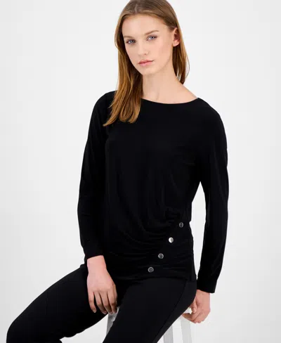 Ak Anne Klein Petite Ruched Long-sleeve Top In Black