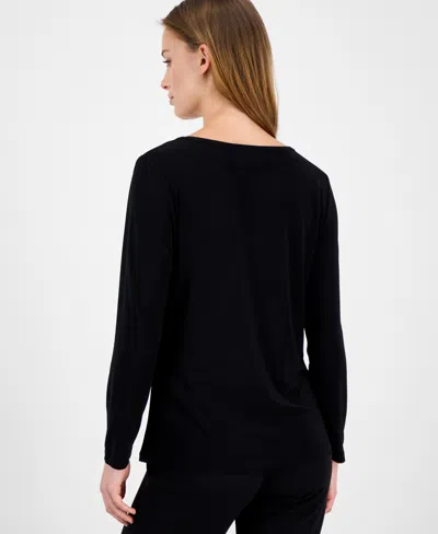 Ak Anne Klein Petite Ruched Long-sleeve Top In Black