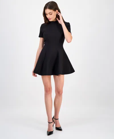 Bardot Zephyra Short Sleeve High Neck Fit And Flare Full Skirt Mini Dress In Black