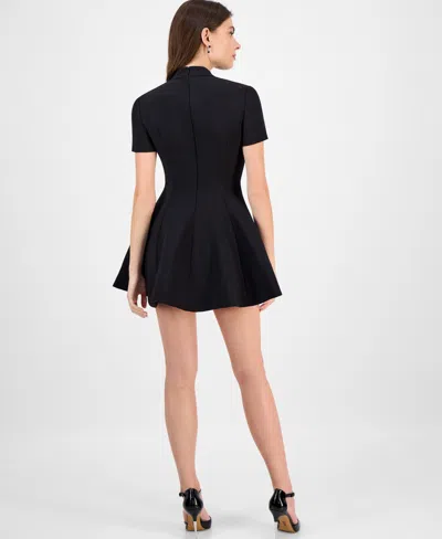 Bardot Zephyra Short Sleeve High Neck Fit And Flare Full Skirt Mini Dress In Black