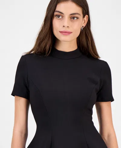 Bardot Zephyra Short Sleeve High Neck Fit And Flare Full Skirt Mini Dress In Black