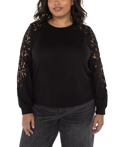 Liverpool Los Angeles Plus Lace Sleeve Crewneck Top In Black