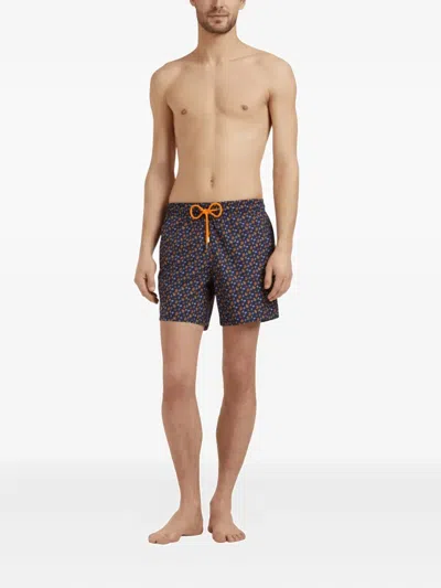 Vilebrequin Men Long Swim Shorts Micro Ronde Des Tortues In Orange