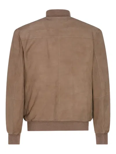 Canali Zip-up Suede Jacket In Brown