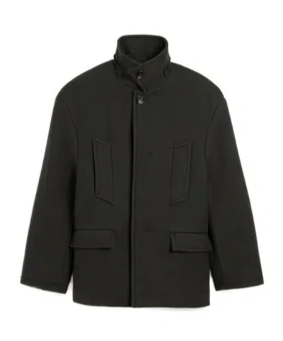 Ami Alexandre Mattiussi Structured Grey Coat With High Collar And Button Closure In Black