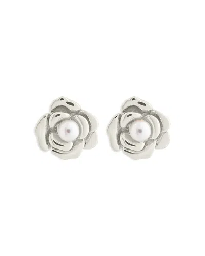 Sterling Forever Rosa Imitation Pearl Rose Stud Earrings In Silver
