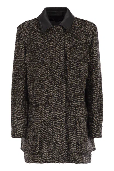 Max Mara Herringbone Pattern Wool Jacket With Leather Collar In Brown