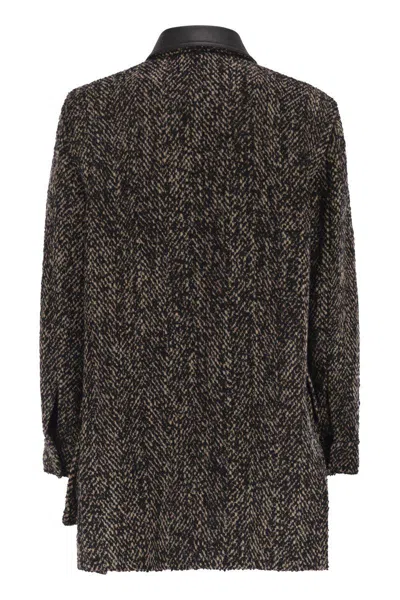 Max Mara Herringbone Pattern Wool Jacket With Leather Collar In Brown