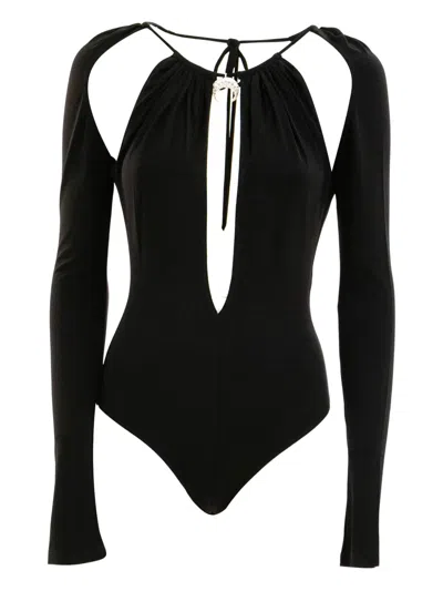 Marine Serre Black Draped Jersey Ls Crewneck Bodysuit In Black